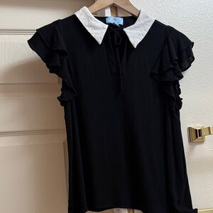 CeCe Black Ruffle Sleeve Top with White Eyelet Collar